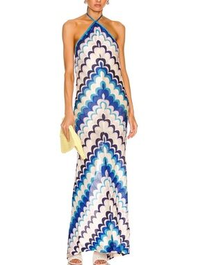 Alexis Blue, Teal & White Scallop Halter Maxi Dress